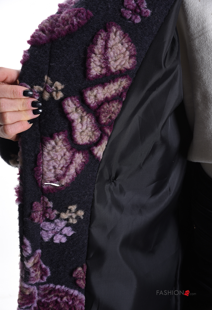 Abrigo de Mezcla de Lana Estampado Floral con bolsillos con botones con forro - ph 5