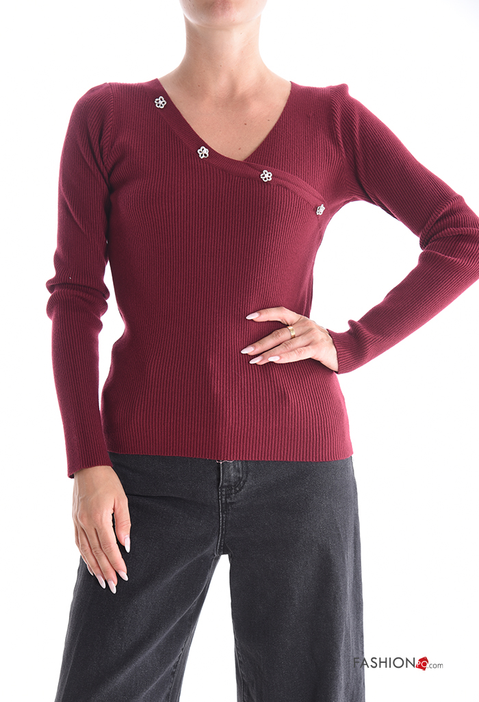 GEMBERA Top Donna A Costine Con Scollo A V – Maniche Lunghe, Slim Aderente, Basico, Multicolore (nero, Bianco, Beige, Verde, Rosso) - copertina