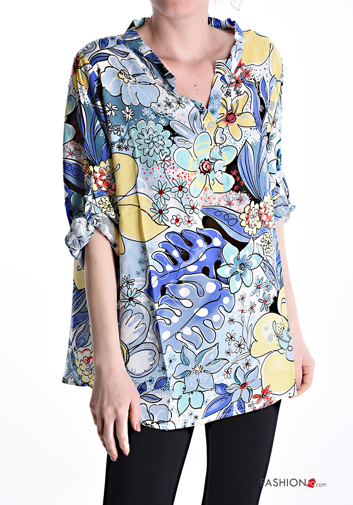 Tunica Lino Donna John Mark 2XL - Bianco Floreale Con Bottoni - Maniche Lunghe