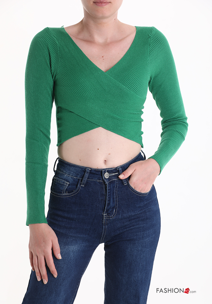 GEMBERA Top Donna A Costine Con Scollo A V – Maniche Lunghe, Slim Aderente, Basico, Multicolore (nero, Bianco, Beige, Verde, Rosso) - 5