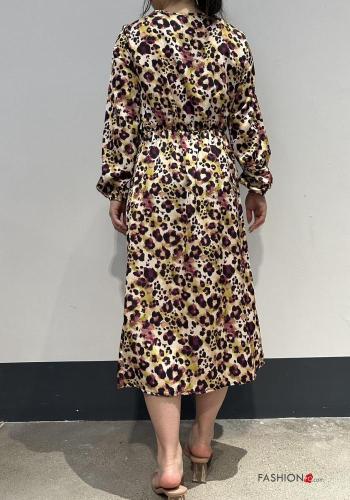 Tiermuster lange ärmel u-boot ausschnitt Kleid mit knoten - ph 2