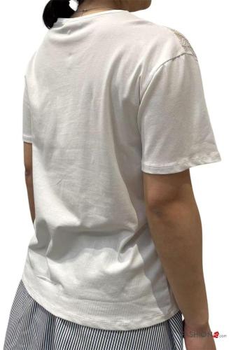 short sleeve crew neck lace trim Cotton T-shirt - ph 2
