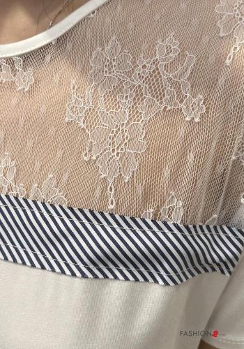 short sleeve crew neck lace trim Cotton T-shirt - ph 3