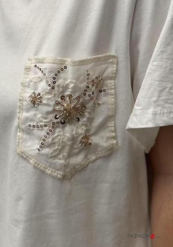 short sleeve crew neck Cotton T-shirt with sequins with pockets - ph 2