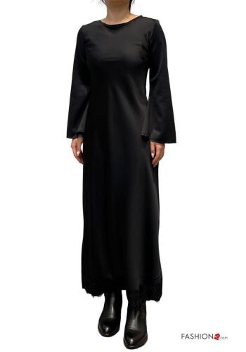 satin lace trim crew neck long long sleeve Dress - ph 4