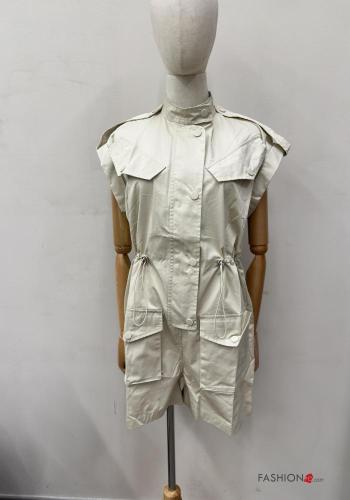 short sleeve mini Cotton Jumpsuit with buttons with drawstring with pockets - ph 7
