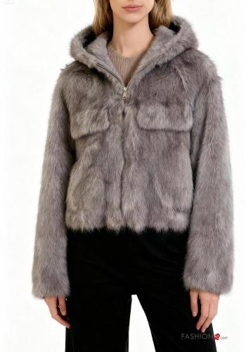Giacca pelliccia sintetica con zip con cappuccio