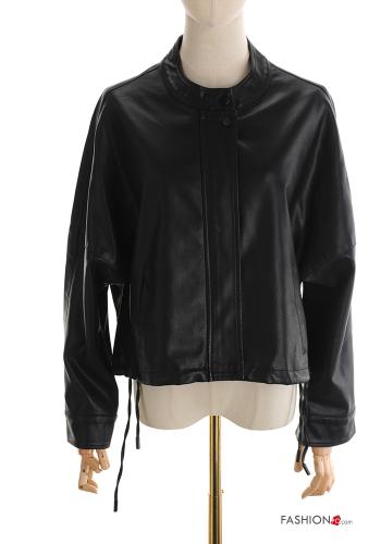 Veste manches longues faux cuir col rond à boutons avec coulisse - ph 4