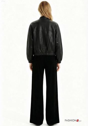 Kunstleder u-boot ausschnitt lange ärmel Bikerjacke mit Knöpfen mit kordelzug mit Taschen - ph 2