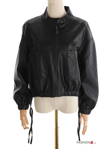 Kunstleder u-boot ausschnitt lange ärmel Bikerjacke mit Knöpfen mit kordelzug mit Taschen - ph 3