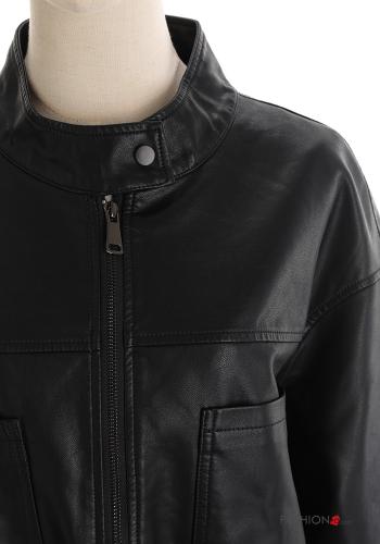 Kunstleder u-boot ausschnitt lange ärmel Bikerjacke mit Knöpfen mit kordelzug mit Taschen - ph 4