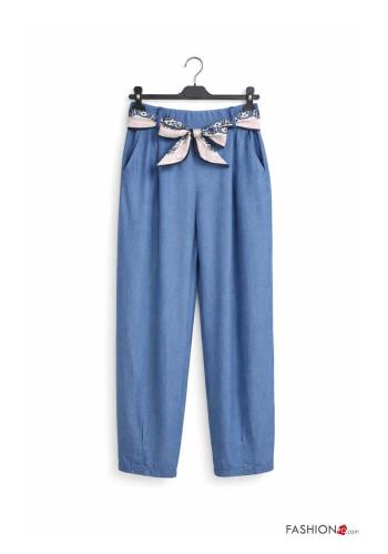 denim high waist Trousers with belt with elastic with pockets - ph 2