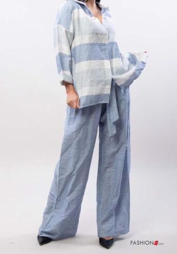 Coordinato in Lino maniche lunghe con colletto Fantasia righe con bottoni con elastico - ph 2