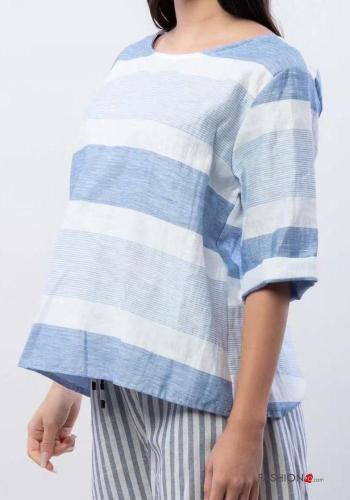 Blusa em Linho às riscas com botões manga três quartos - ph 3