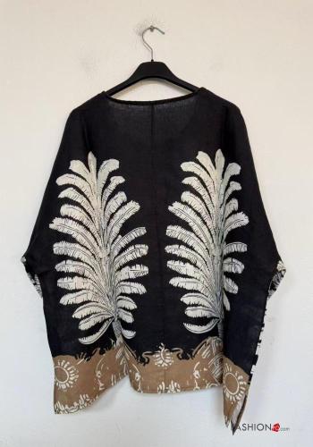 Leaf print oversized Linen Blouse 3/4 sleeve - ph 3