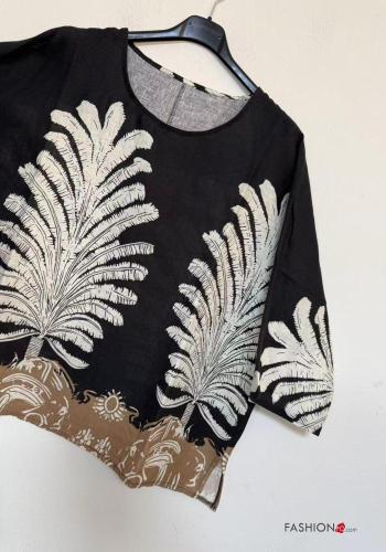 Leaf print oversized Linen Blouse 3/4 sleeve - ph 4