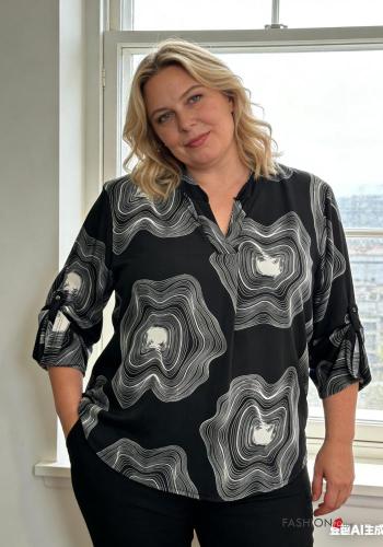 Camicia maniche lunghe Fantasia geometrica con bottoni scollo a V - ph 2