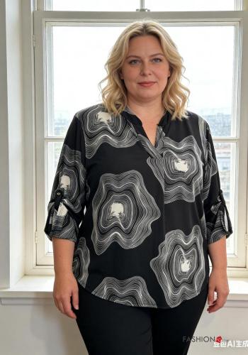 Camicia maniche lunghe Fantasia geometrica con bottoni scollo a V - ph 3