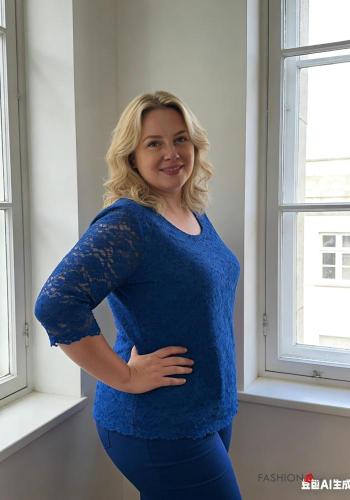 lace trim crew neck oversized Blouse with lining 3/4 sleeve - ph 4