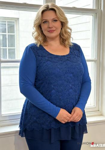 long sleeve crew neck lace trim Blouse with lining - ph 2