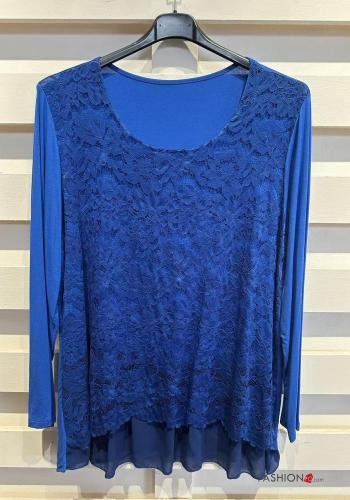 long sleeve crew neck lace trim Blouse with lining - ph 3