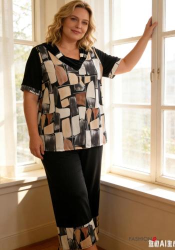 Creative print short sleeve Co-ord with v-neck with elastic - ph 2