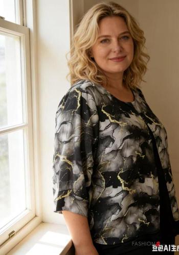 Creative print chiffon crew neck Blouse with lining 3/4 sleeve - ph 3