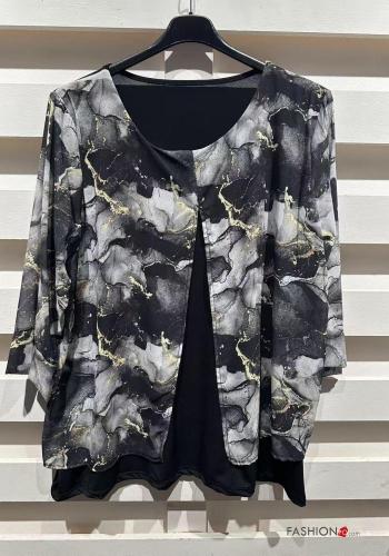 Creative print chiffon crew neck Blouse with lining 3/4 sleeve - ph 4