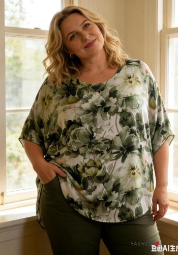Floral ruffle sleeve crew neck chiffon T-shirt with lining - ph 3