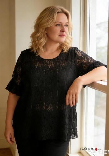 ruffle sleeve crew neck lace trim T-shirt - ph 3