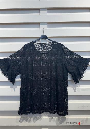 ruffle sleeve crew neck lace trim T-shirt - ph 4