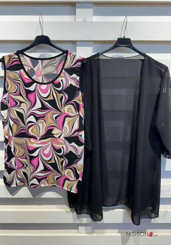 Kunstmuster kurze ärmel u-boot ausschnitt chiffon T-shirt mit tank-top - ph 2