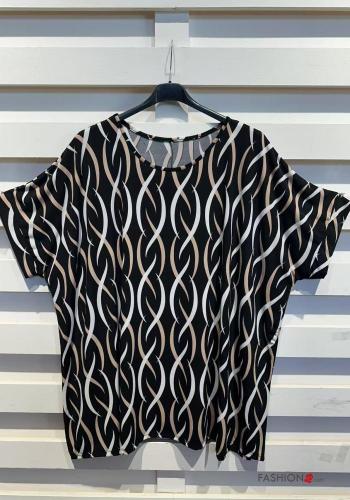 Kunstmuster kurze ärmel u-boot ausschnitt T-shirt - ph 3
