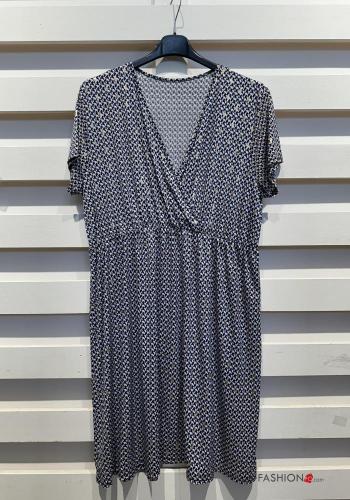 Robe manches courtes à genoux Imprimé artistique à col en V - ph 3
