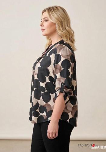 Geometric pattern long sleeve Blouse with buttons with v-neck - ph 2
