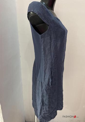 Robe en Lin à genoux col rond manches courtes à broderie - ph 3