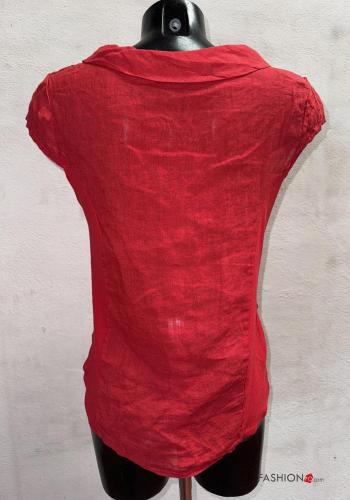Blusa in Lino girocollo maniche corte con colletto Fantasia pois - ph 3