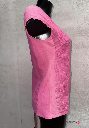 Blusa in Lino maniche corte girocollo Fantasia ricamata - ph 2