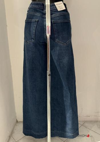 Jeans en Coton évasé en denim wide leg taille haute à boutons avec fermeture éclair avec poches - ph 3
