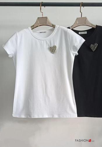 heart motif short sleeve crew neck Cotton T-shirt with rhinestones - ph 4