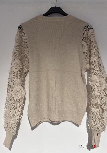 Embroidered long sleeve crew neck lace trim Sweater - ph 2