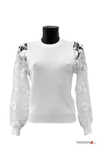 Embroidered long sleeve crew neck lace trim Sweater - ph 4
