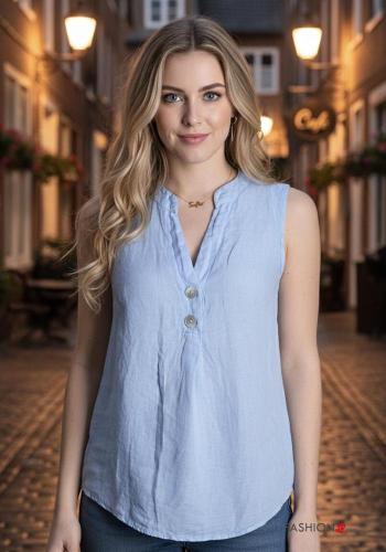 sleeveless Linen Blouse with buttons with v-neck - ph 1