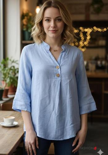 Bluse aus Leinen mit Knöpfen 3/4 ärmel mit V-Ausschnitt - ph 1