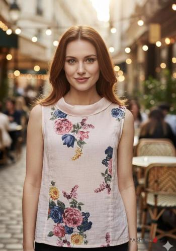 Blusa in Lino girocollo senza maniche con colletto Fantasia floreale - ph 1