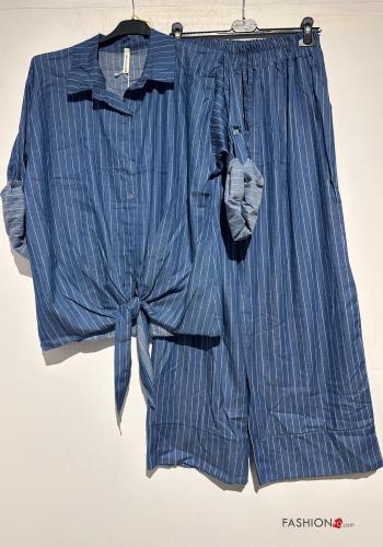 Coordinato in Cotone wide leg con colletto Fantasia righe con elastico con bottoni con tasche - ph 2