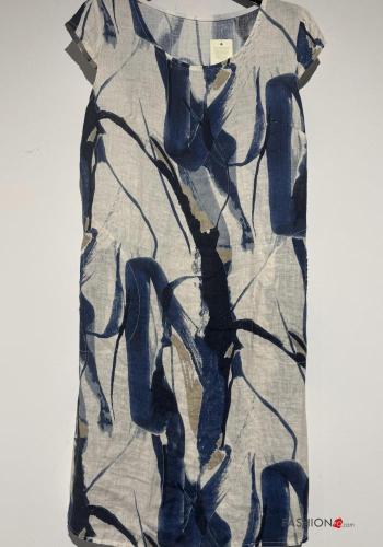 Abstract print short sleeve crew neck Linen Dress - ph 2
