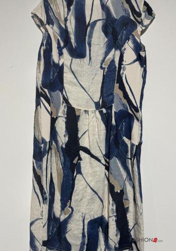 Abstract print short sleeve crew neck Linen Dress - ph 3