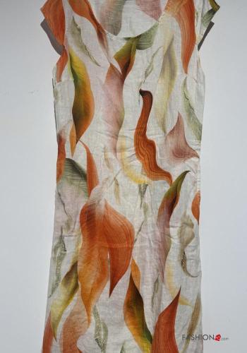 Abstract print short sleeve crew neck Linen Dress - ph 2