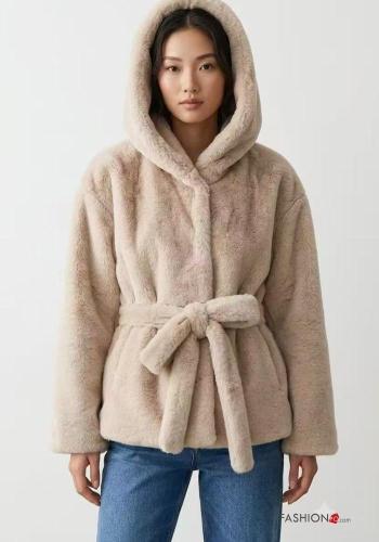 Cappotto pelliccia sintetica maniche lunghe con fodera con cappuccio con cintura con bottoni - ph 1